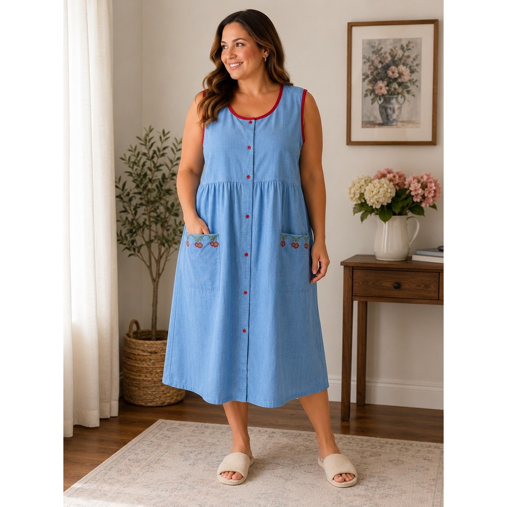 Vintage 80s Carole House Dress Women Large Blue Red Cherry Embroidery Snap Front